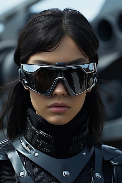 a woman wearing black goggles