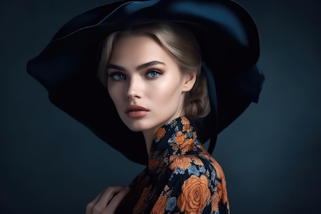 A woman wearing a black hat and dress generative AI