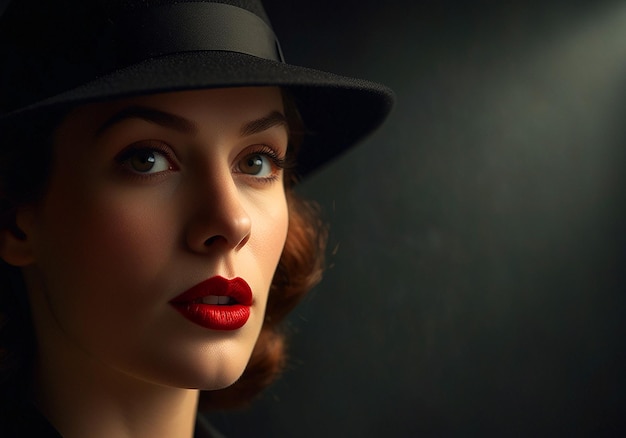 a woman wearing a black hat and a red lipstick