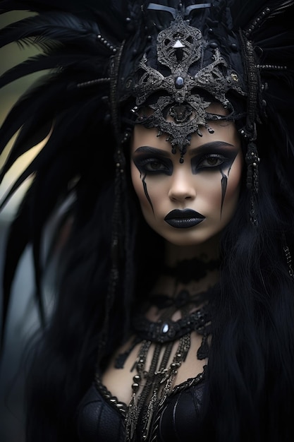a woman wearing a black headdress and black makeup