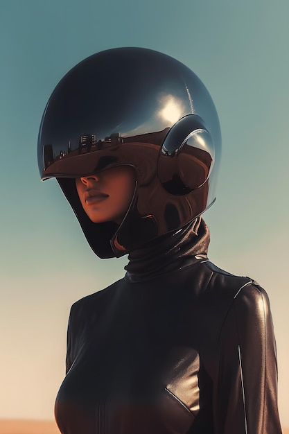 A woman wearing a black helmet with a black visor.