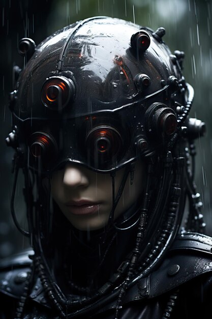 a woman wearing a black helmet with red eyes