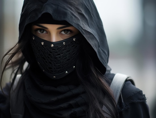 a woman wearing a black hood and a black scarf