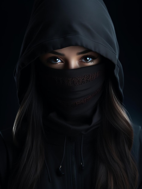 a woman wearing a black hoodie and black face mask