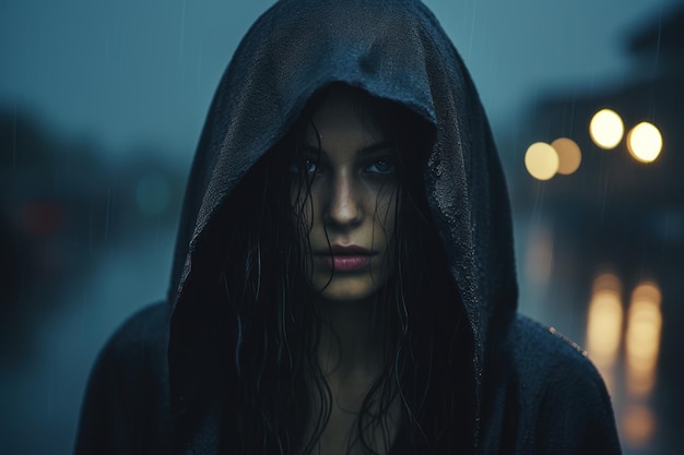 A woman wearing a black hoodie