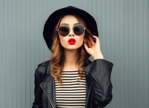 A woman wearing a black jacket and hat with red lipstick stands in front of a gray wall.