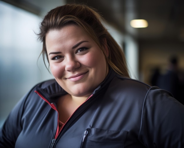 Photo a woman wearing a black jacket and red shirt