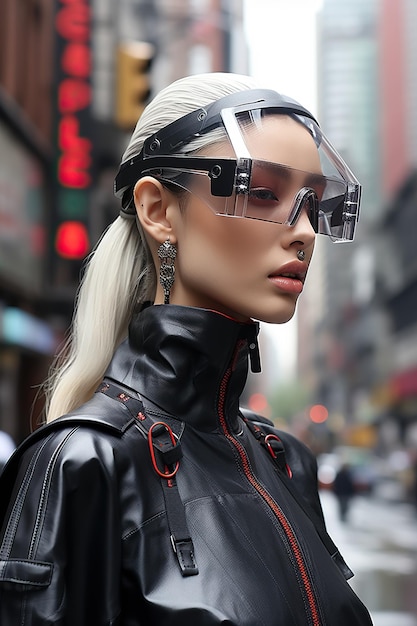 a woman wearing a black leather jacket and clear goggles