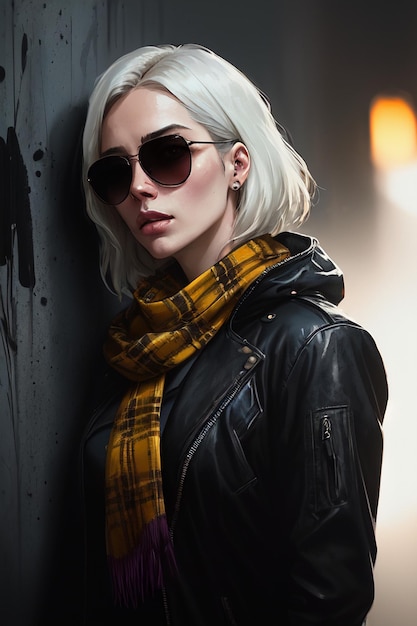 A woman wearing a black leather jacket and sunglasses stands in front of a wall