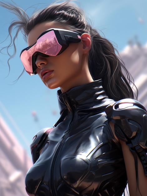 a woman wearing a black leather jacket with pink tinted glasses