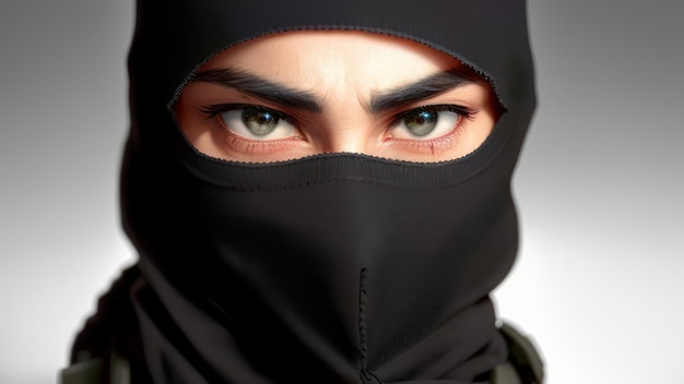 A woman wearing a black ninja mask with green eyes and a black mask.