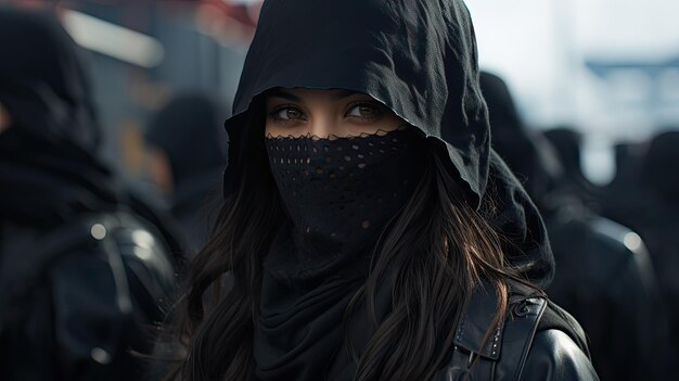 a woman wearing a black scarf over her face