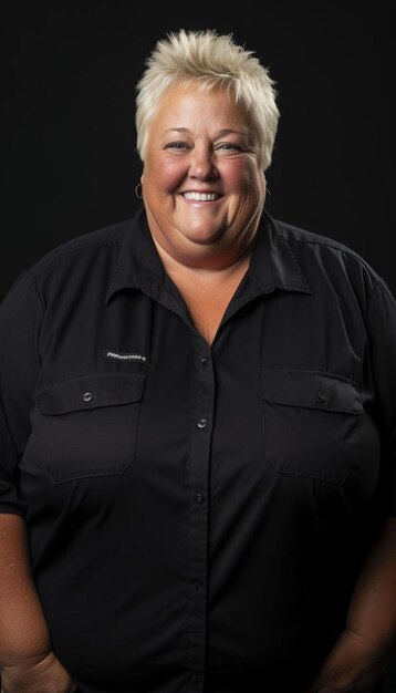 Photo a woman wearing a black shirt with the name  on it