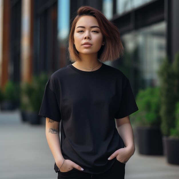 A woman wearing a black shirt with the word bob on it