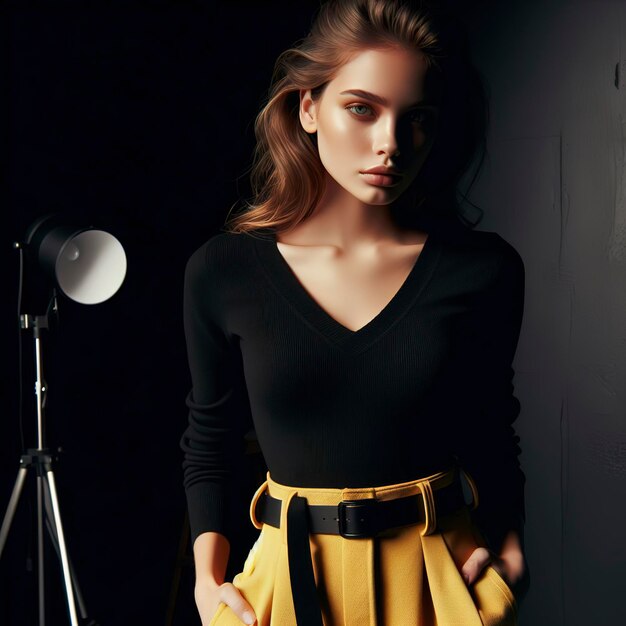 Photo a woman wearing a black shirt and yellow pants standing in a room for fashion magazine