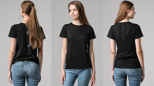 Photo woman wearing a black t shirt mock up