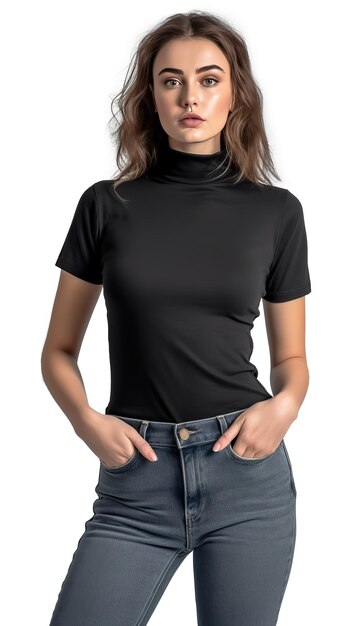 A woman wearing a black t - shirt with a black turtle neck.