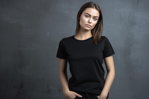 A woman wearing a black t - shirt with the word love on it