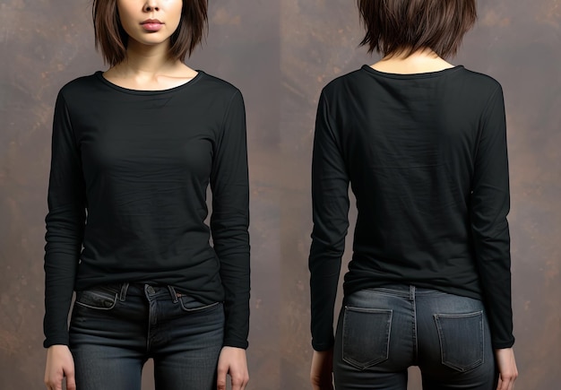 Woman wearing a black Tshirt with long sleeves Front and back view