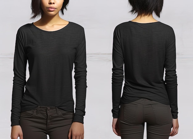 Photo woman wearing a black tshirt with long sleeves front and back view