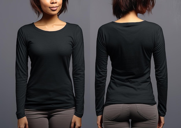 Woman wearing a black Tshirt with long sleeves Front and back view