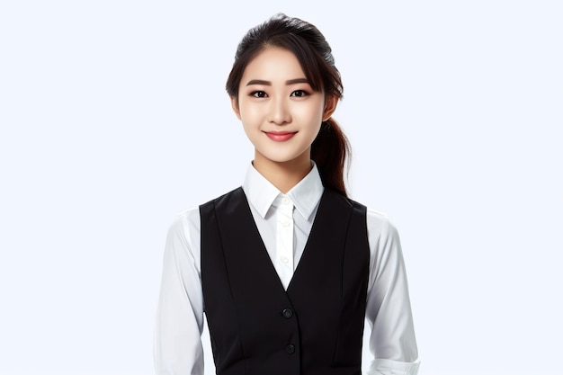 A woman wearing a black vest with the word hotel on it