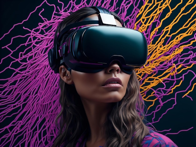 A woman wearing a black virtual reality goggles.