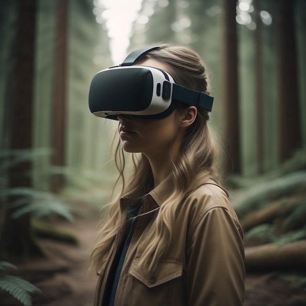 A woman wearing a black and white google goggles stands in a forest.