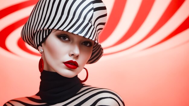 Photo a woman wearing a black and white striped hat and red lipstick