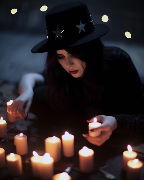 Woman wearing black with candles generated by ai