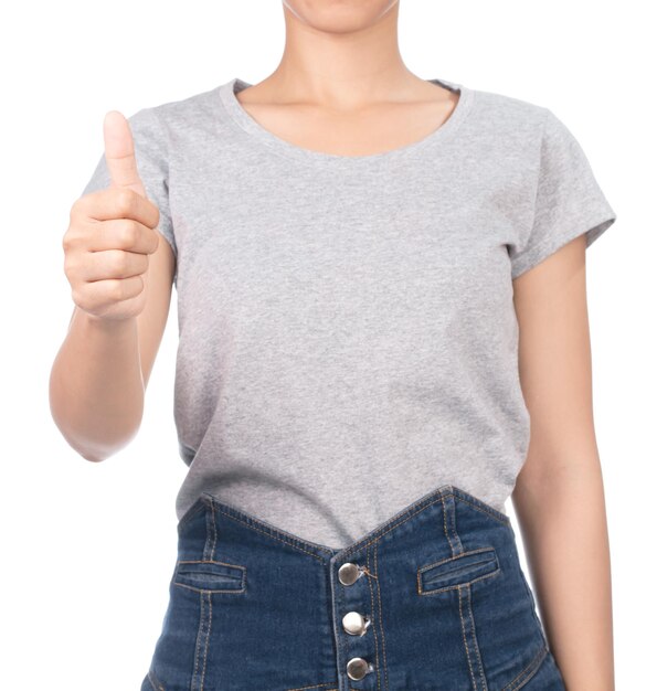 woman wearing blank gray t-shirt showing thumb up isolated on white background