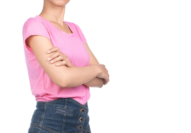 woman wearing blank pink t-shirt, jeans crossed arms isolated on white background