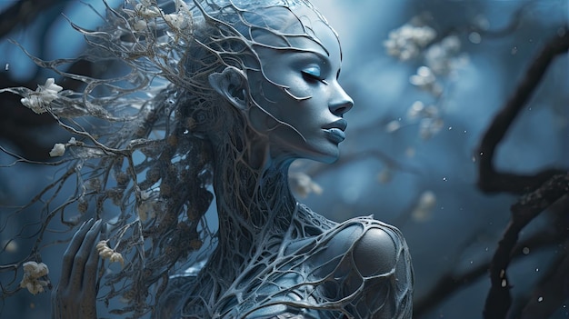 a woman wearing a blue bodysuit laying down on branches in the style of intricate texture