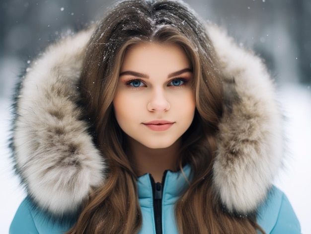 A woman wearing a blue coat with a fur hood