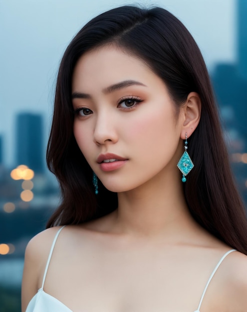 A woman wearing a blue earrings with a long necklace and a long necklace