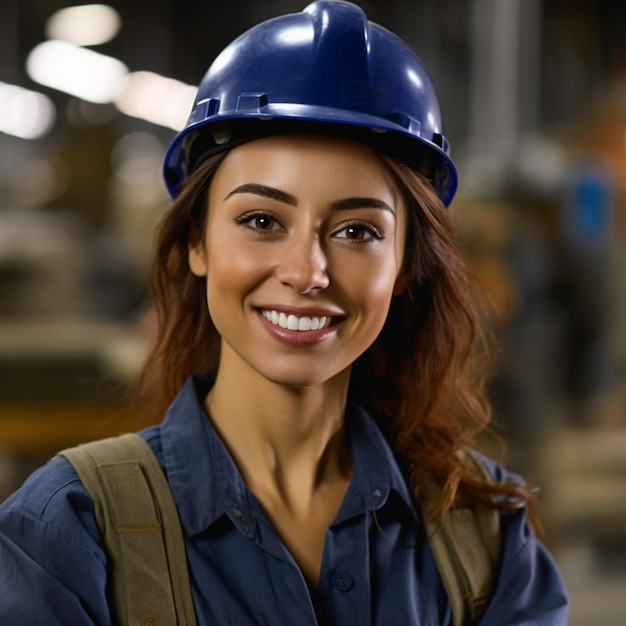 A woman wearing a blue hard hat is smiling.