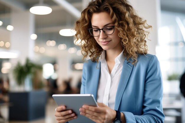 Woman wearing blue jacket is focused on looking at tablet