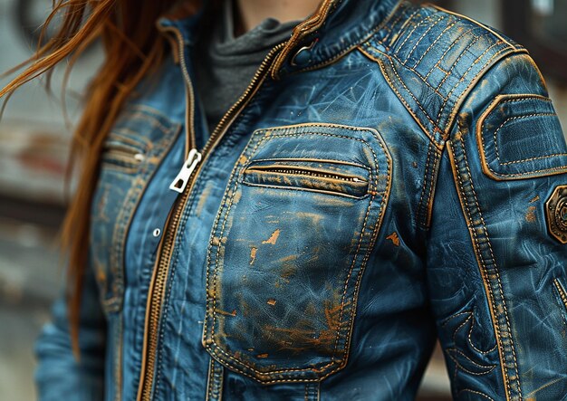 a woman wearing a blue jean jacket with a zipper