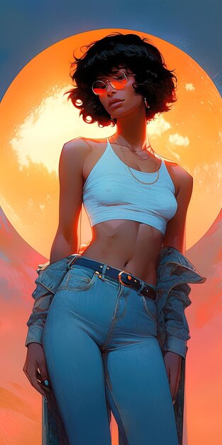 Photo a woman wearing a blue jean skirt and a white tank top is standing in front of a sun setting