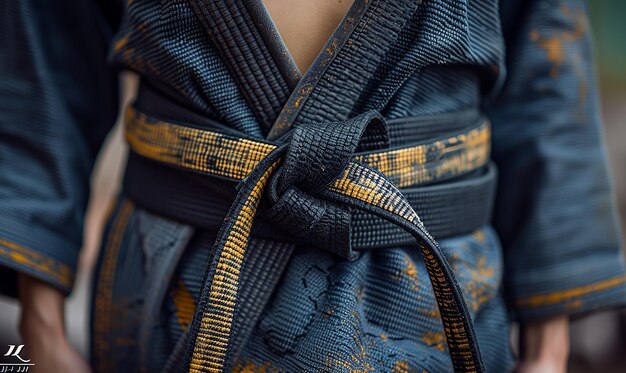 a woman wearing a blue kimono with a gold ribbon around her neck