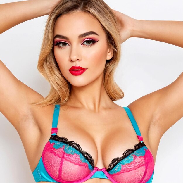 Photo woman wearing blue and pink bra