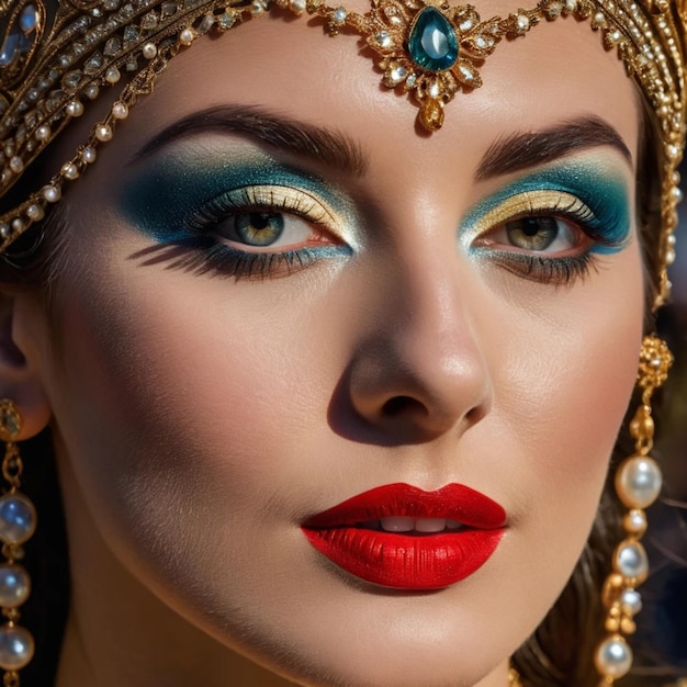 a woman wearing a blue and red makeup with a blue and gold colored eye shadow