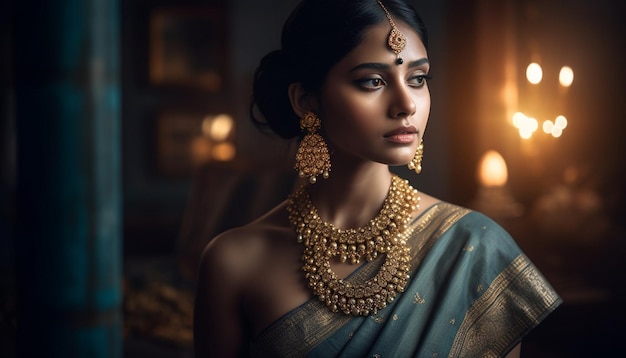 A woman wearing a blue saree with gold jewelry