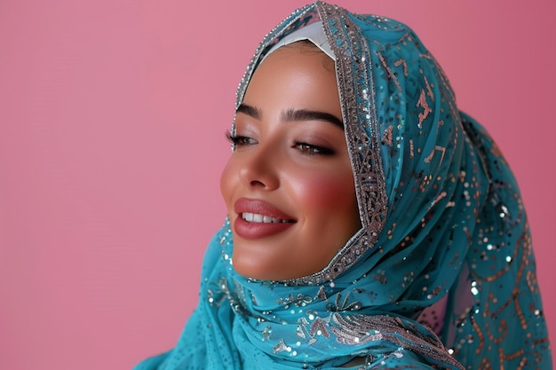 женщина в синем сари с розовым цветом на голове, сгенерированная ИИ