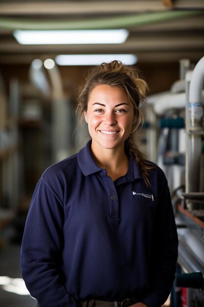 Photo a woman wearing a blue shirt that says  lable  on it