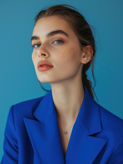 a woman wearing a blue suit