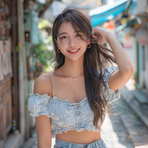 Photo a woman wearing a blue top with a white lace top and a blue skirt