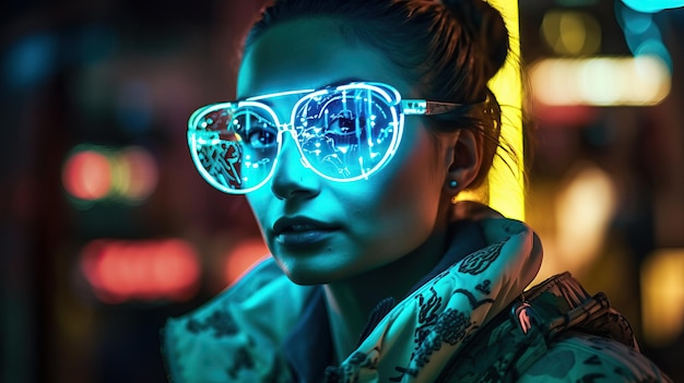 A woman wearing blue and white sunglasses