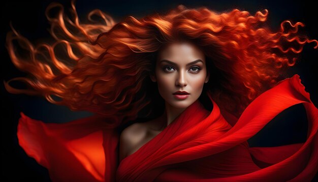 A woman wearing a bold red outfit with flowing hair and piercing eyes against a dark background