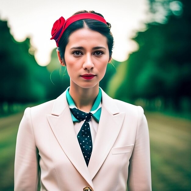 A woman wearing a bow tie that says " she is wearing a bow tie ".